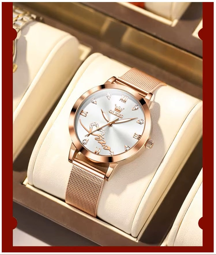 Reloj de Mujer Diseño Elegante Pulsera Metálica de Malla Rosa Dorado