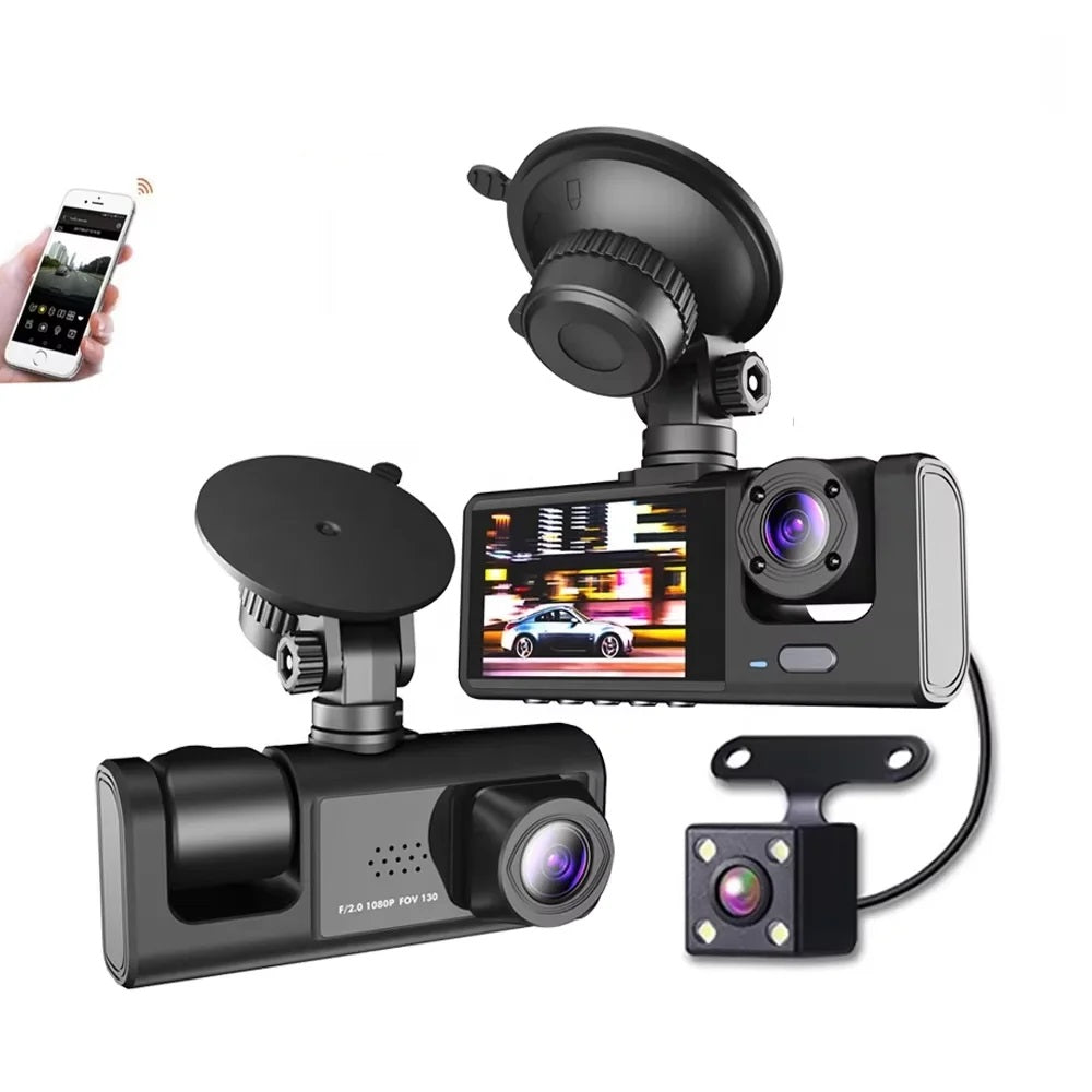 Cámara DVR para Auto Full HD 1080P 3 Canales Visión Nocturna WiFi Detección de Movimiento