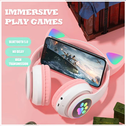 Audífonos inalámbricos Bluetooth RGB Orejas gato BT 5.0 Rosado