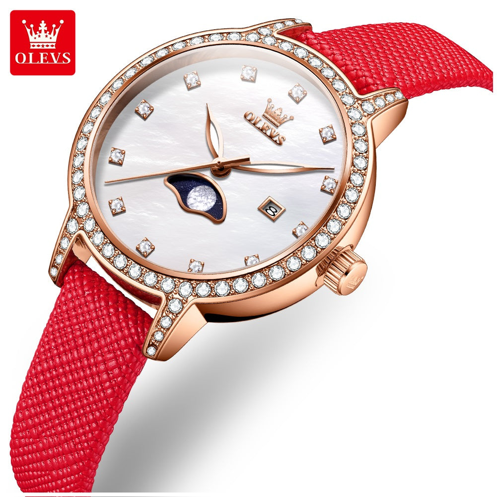 Reloj de Pulsera Mujer Elegante con Fase Lunar y Correa de Cuero Rojo