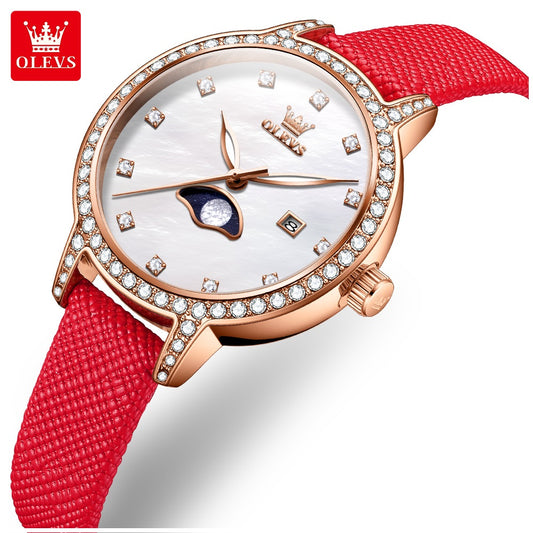 Reloj de Pulsera Mujer Elegante con Fase Lunar y Correa de Cuero Rojo