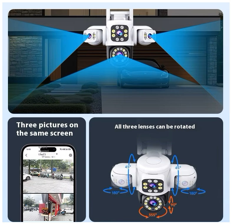 Cámara de Seguridad WiFi Exterior 12MP con Triple Lente, Visión Nocturna en Color y Seguimiento Automático