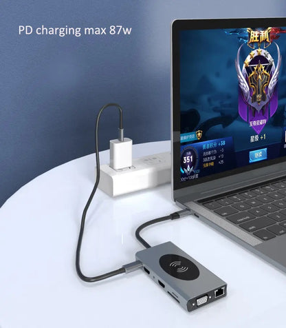 Hub Adaptador USB Tipo-C 15 en 1 con HDMI 4K, Ethernet Gigabit, PD 87W y Carga Magnética para Smartphone – Compatible con MacBook y Windows