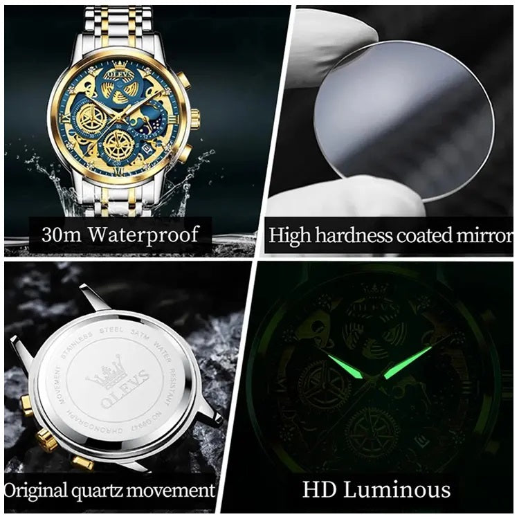 Reloj de Lujo para Hombre con Diseño Esqueleto Dorado Multifunción