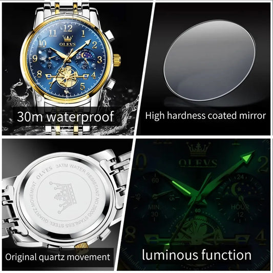 Reloj Cronógrafo de Lujo para Hombre con Fase Lunar, Movimiento Cuarzo
