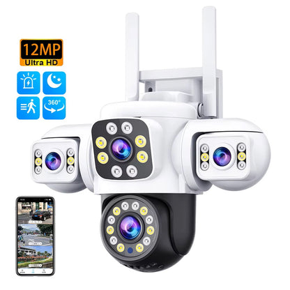 Cámara de Seguridad WiFi Exterior 12MP con Triple Lente, Visión Nocturna en Color y Seguimiento Automático