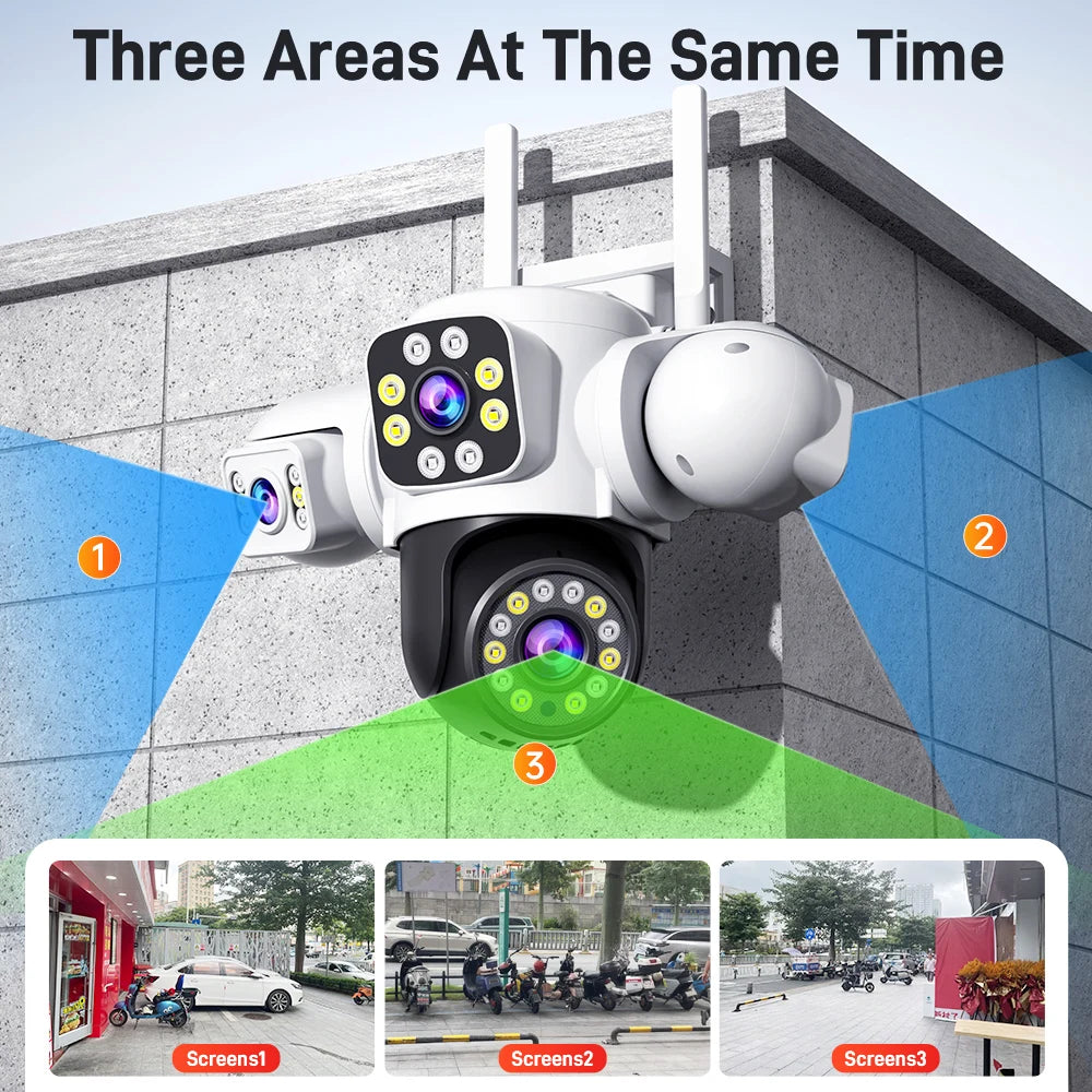 Cámara de Seguridad WiFi Exterior 12MP con Triple Lente, Visión Nocturna en Color y Seguimiento Automático