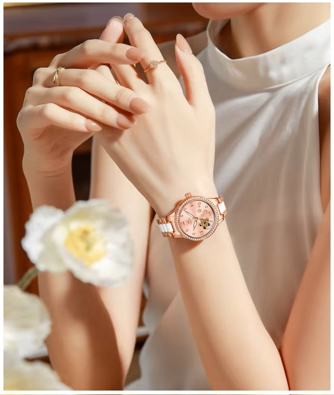 Reloj Automático Mujer Elegante 32mm Acero Inoxidable y Cerámica Diseño Floral Cristales Decorativos
