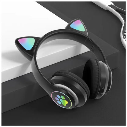 Audífonos inalámbricos Bluetooth RGB Orejas gato BT 5.0 Negro