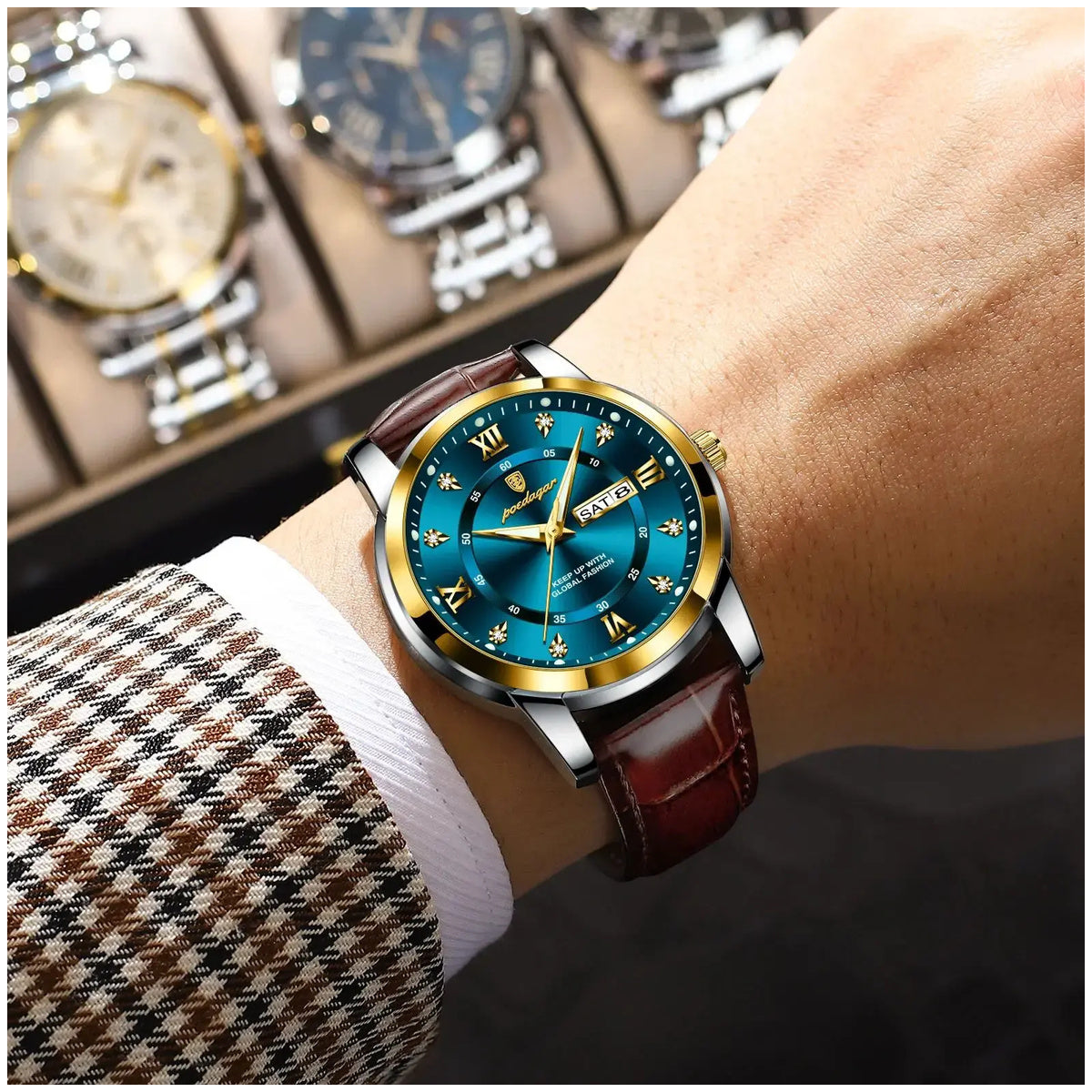 Reloj Analógico de Cuarzo para Hombre con Calendario Completo, Día y Fecha, Correa de Cuero, Cristal Mineral Reforzado