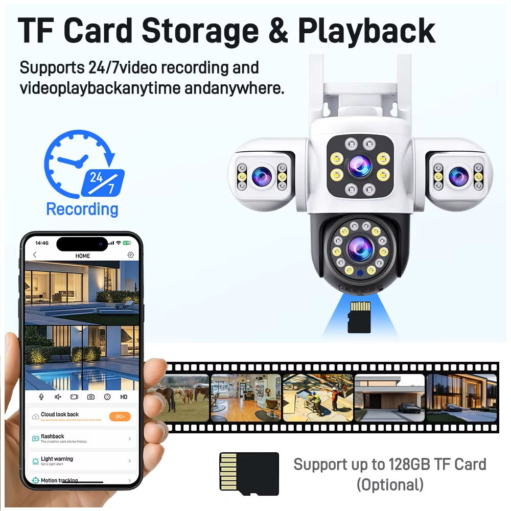 Cámara de Seguridad WiFi Exterior 12MP con Triple Lente, Visión Nocturna en Color y Seguimiento Automático
