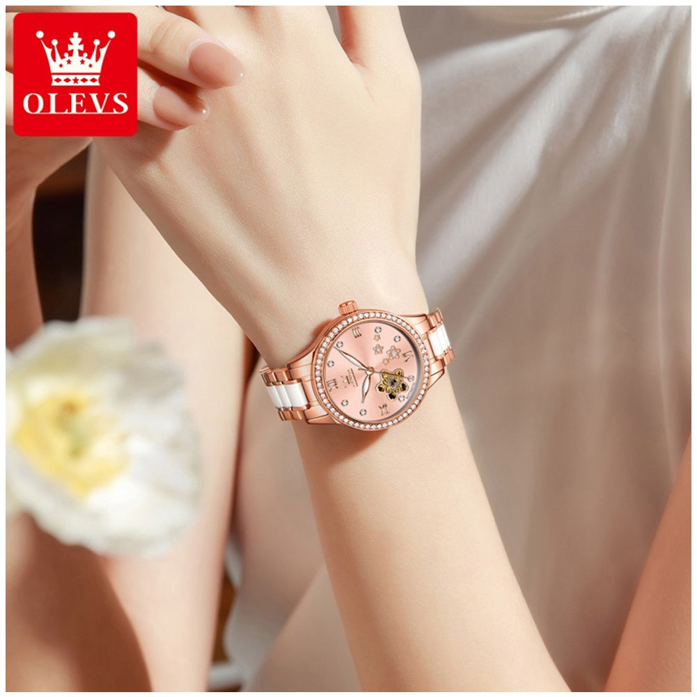 Reloj Automático Mujer Elegante 32mm Acero Inoxidable y Cerámica Diseño Floral Cristales Decorativos