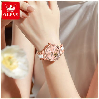 Reloj Automático Mujer Elegante 32mm Acero Inoxidable y Cerámica Diseño Floral Cristales Decorativos