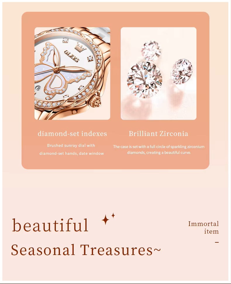 Reloj de Pulsera Elegante Mujer Esfera Mariposa y Detalles de Zirconia