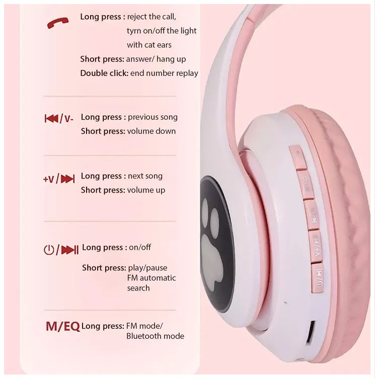 Audífonos inalámbricos Bluetooth RGB Orejas gato BT 5.0 Rosado