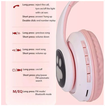 Audífonos inalámbricos Bluetooth RGB Orejas gato BT 5.0 Rosado
