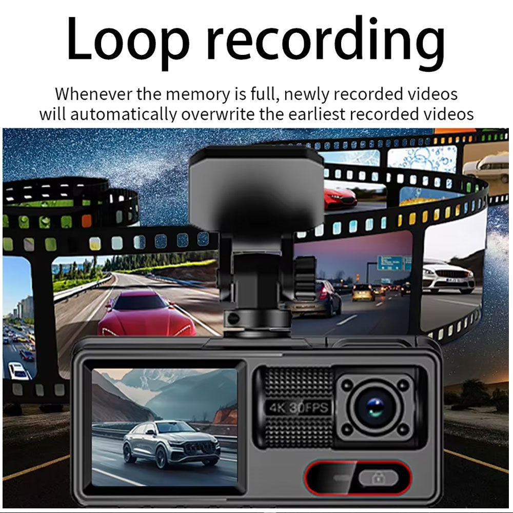 Cámara para Coche HD 1080P con Triple Grabación, WiFi, Sensor G, Visión Nocturna y Asistencia de Reversa