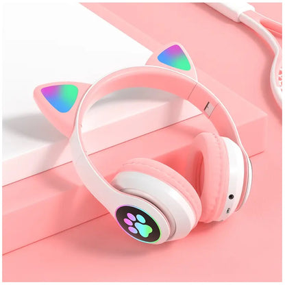 Audífonos inalámbricos Bluetooth RGB Orejas gato BT 5.0 Rosado