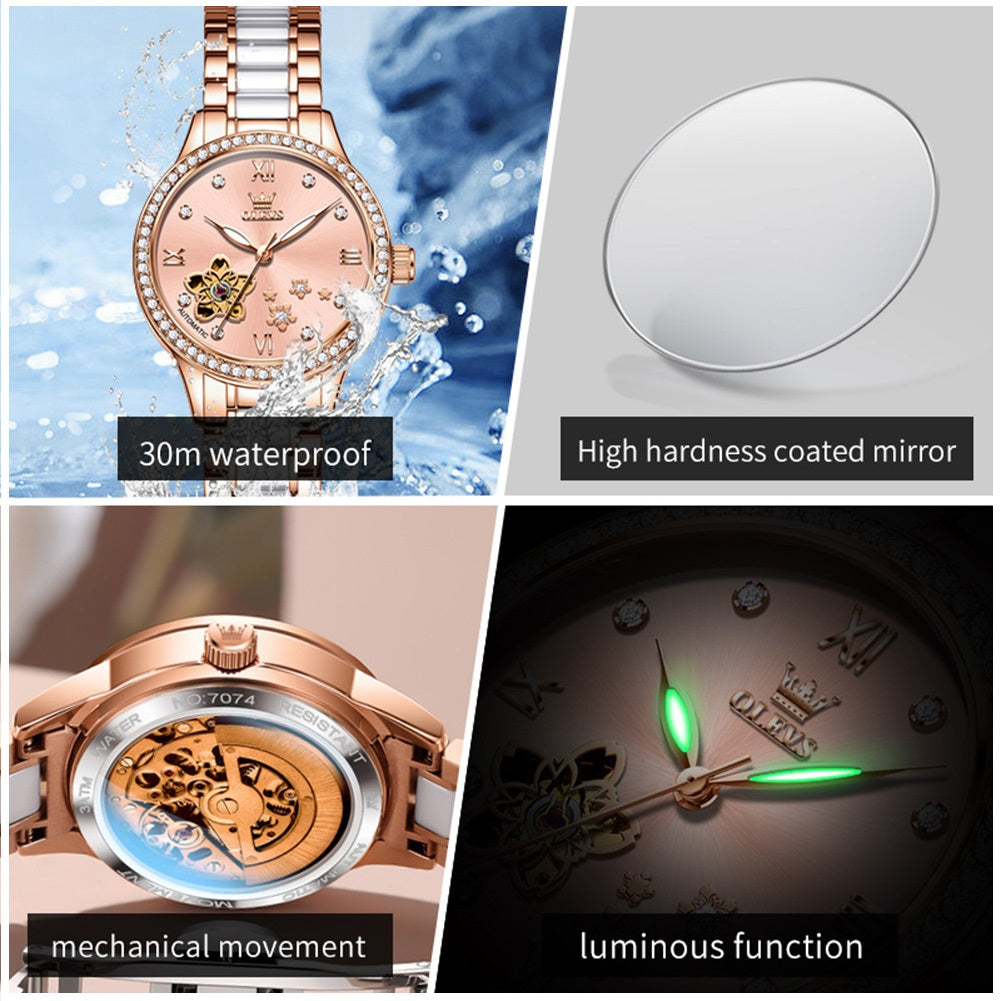 Reloj Automático Mujer Elegante 32mm Acero Inoxidable y Cerámica Diseño Floral Cristales Decorativos