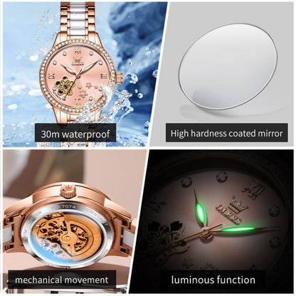 Reloj Automático Mujer Elegante 32mm Acero Inoxidable y Cerámica Diseño Floral Cristales Decorativos