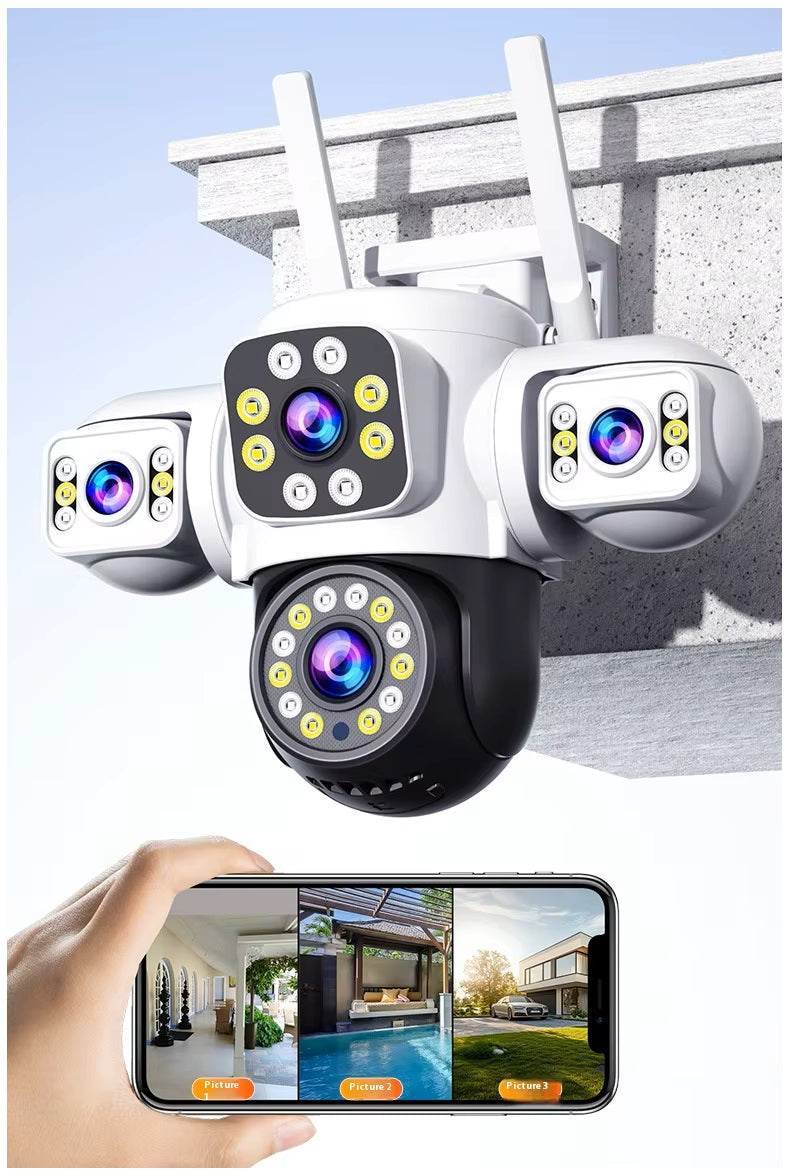 Cámara de Seguridad WiFi Exterior 12MP con Triple Lente, Visión Nocturna en Color y Seguimiento Automático