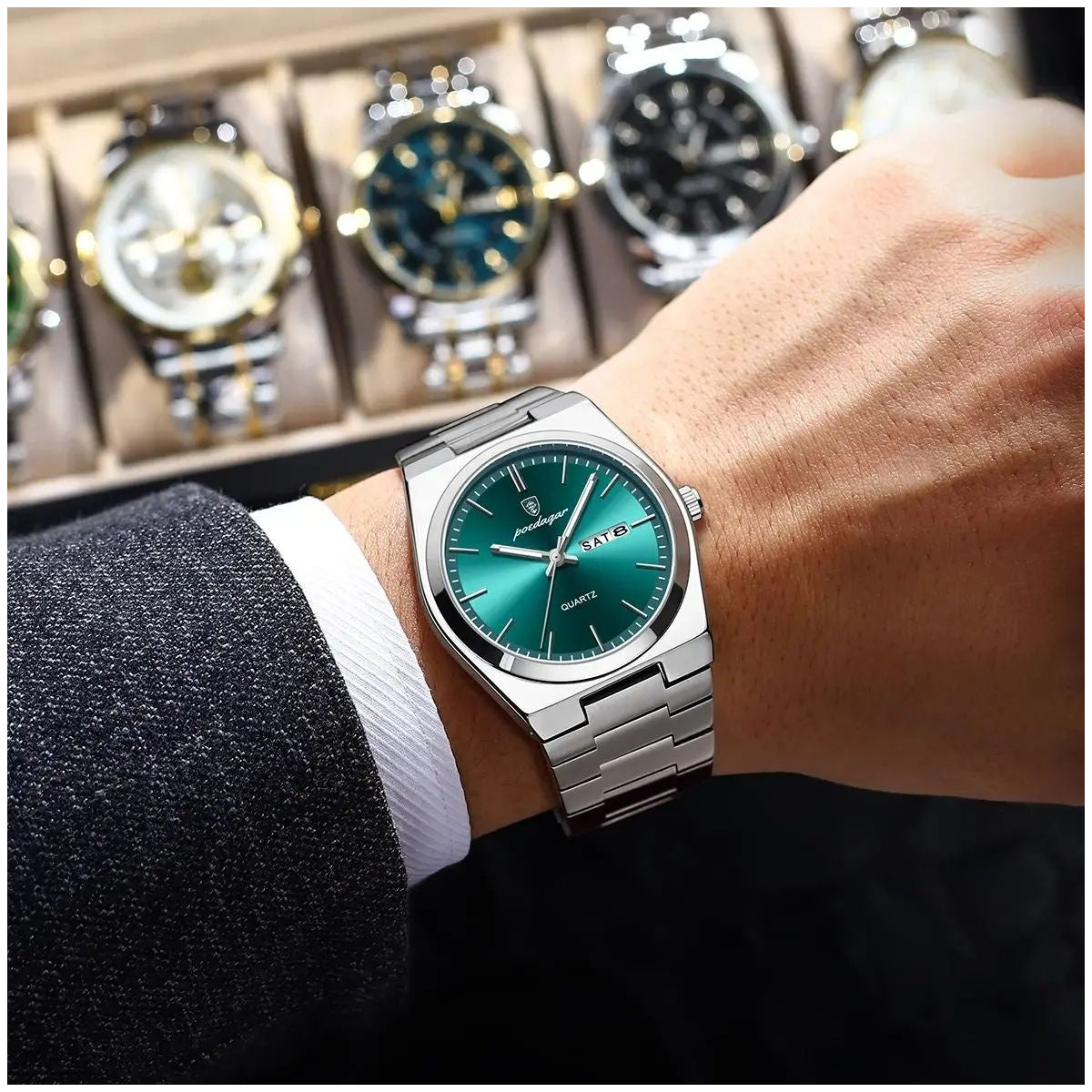 Reloj Analógico de Cuarzo para Hombre con Calendario Día y Fecha, Correa de Acero Inoxidable, Cristal Mineral, Resistente al Agua 3 BAR, Manecillas Luminosas