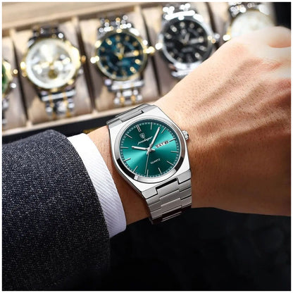 Reloj Analógico de Cuarzo para Hombre con Calendario Día y Fecha, Correa de Acero Inoxidable, Cristal Mineral, Resistente al Agua 3 BAR, Manecillas Luminosas