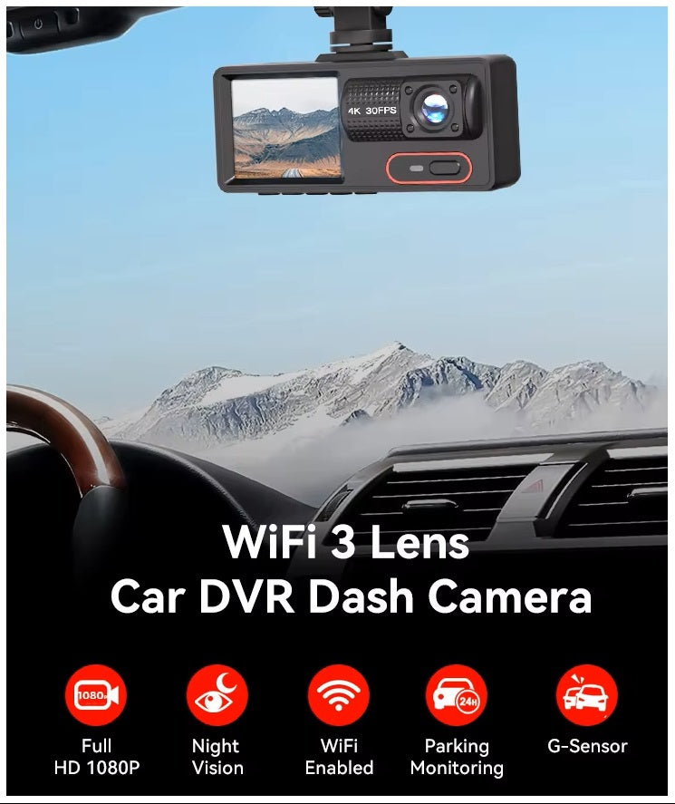 Cámara para Coche HD 1080P con Triple Grabación, WiFi, Sensor G, Visión Nocturna y Asistencia de Reversa