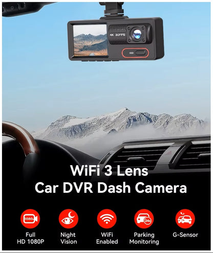 Cámara para Coche HD 1080P con Triple Grabación, WiFi, Sensor G, Visión Nocturna y Asistencia de Reversa