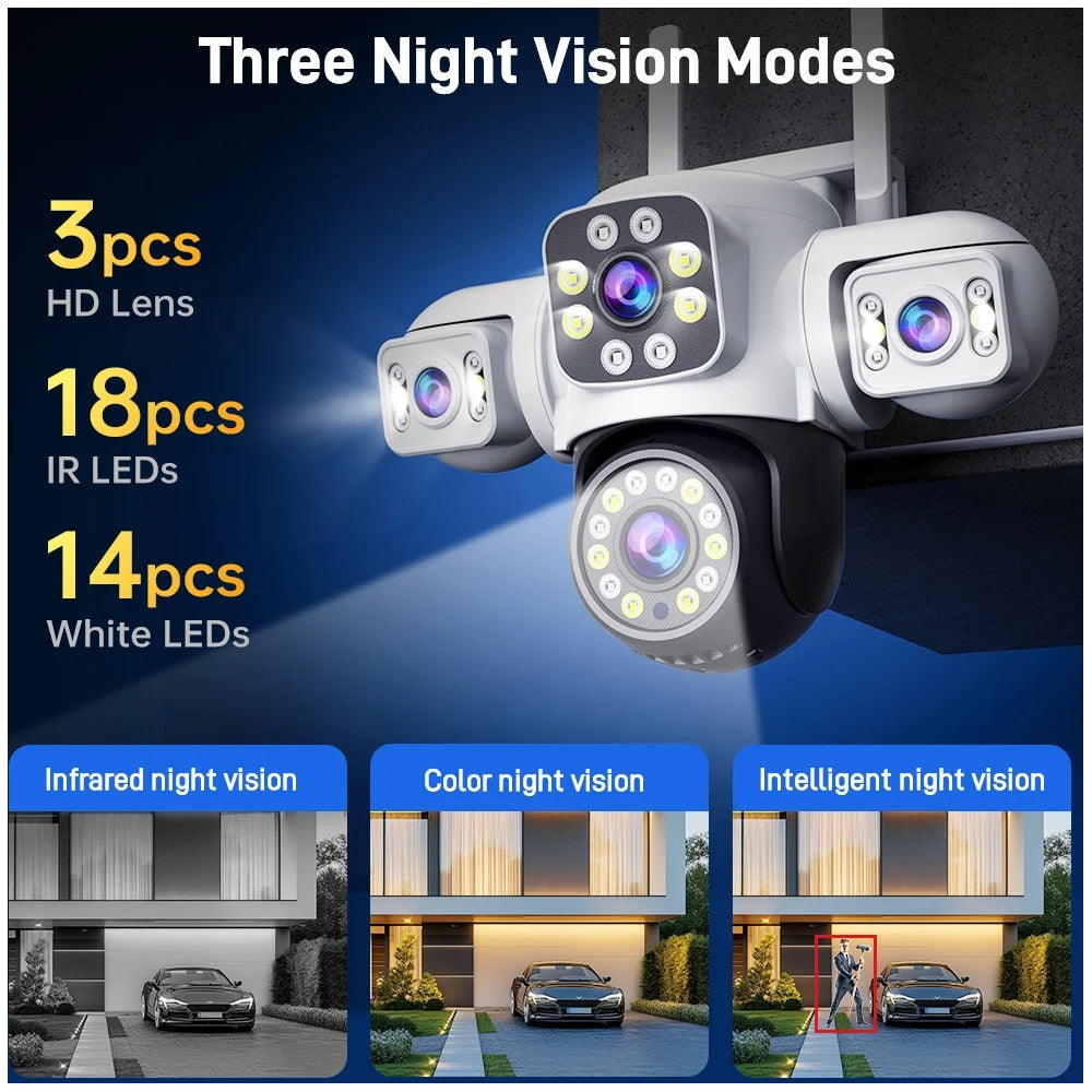 Cámara de Seguridad WiFi Exterior 12MP con Triple Lente, Visión Nocturna en Color y Seguimiento Automático