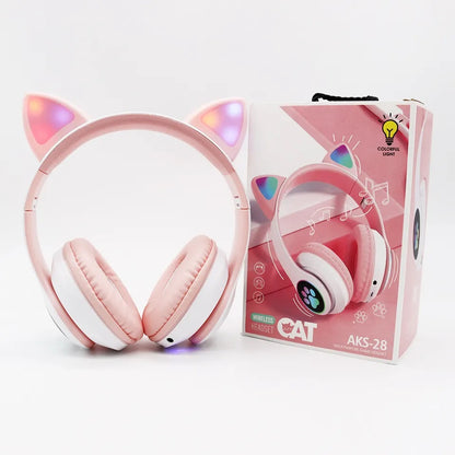 Audífonos inalámbricos Bluetooth RGB Orejas gato BT 5.0 Rosado
