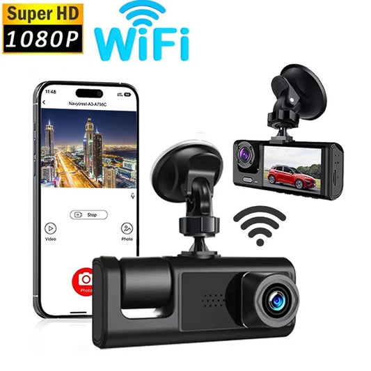 Cámara DVR para Auto Full HD 1080P 3 Canales Visión Nocturna WiFi Detección de Movimiento