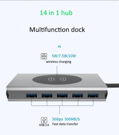 Hub Adaptador USB Tipo-C 15 en 1 con HDMI 4K, Ethernet Gigabit, PD 87W y Carga Magnética para Smartphone – Compatible con MacBook y Windows