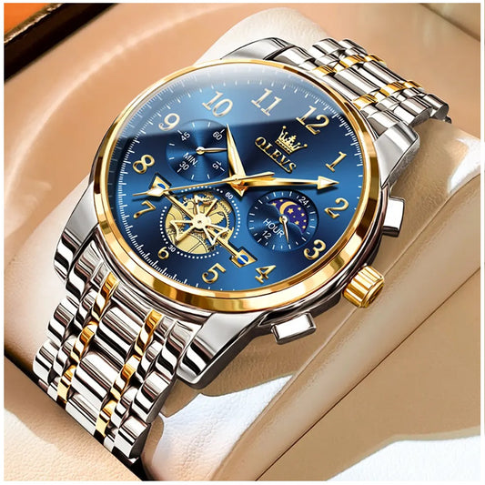 Reloj Cronógrafo de Lujo Hombre con Esfera Azul, Función Fase Lunar