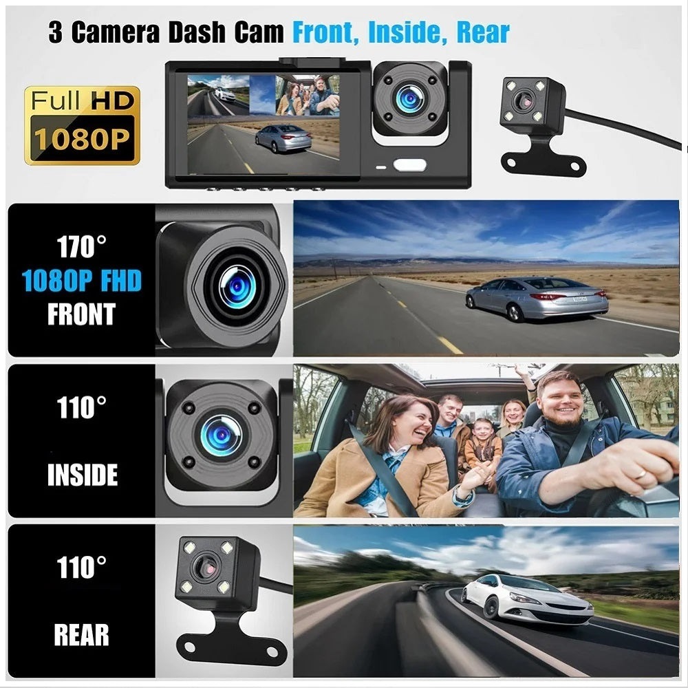 Cámara DVR para Auto Full HD 1080P 3 Canales Visión Nocturna WiFi Detección de Movimiento