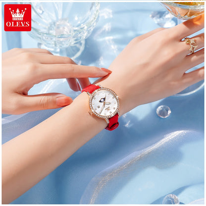 Reloj de Pulsera Mujer Elegante con Fase Lunar y Correa de Cuero Rojo