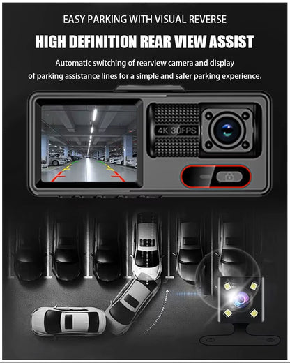 Cámara para Coche HD 1080P con Triple Grabación, WiFi, Sensor G, Visión Nocturna y Asistencia de Reversa