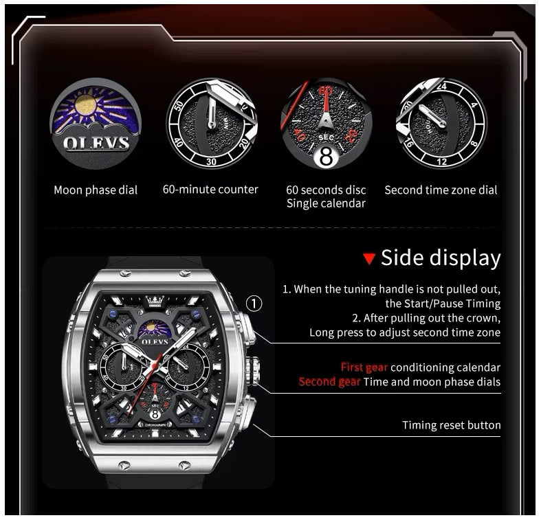 Reloj de Hombre Deportivo Elegante Fase Lunar, Cronógrafo, Dual Time