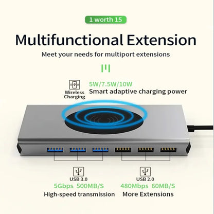Hub Adaptador USB Tipo-C 15 en 1 con HDMI 4K, Ethernet Gigabit, PD 87W y Carga Magnética para Smartphone – Compatible con MacBook y Windows