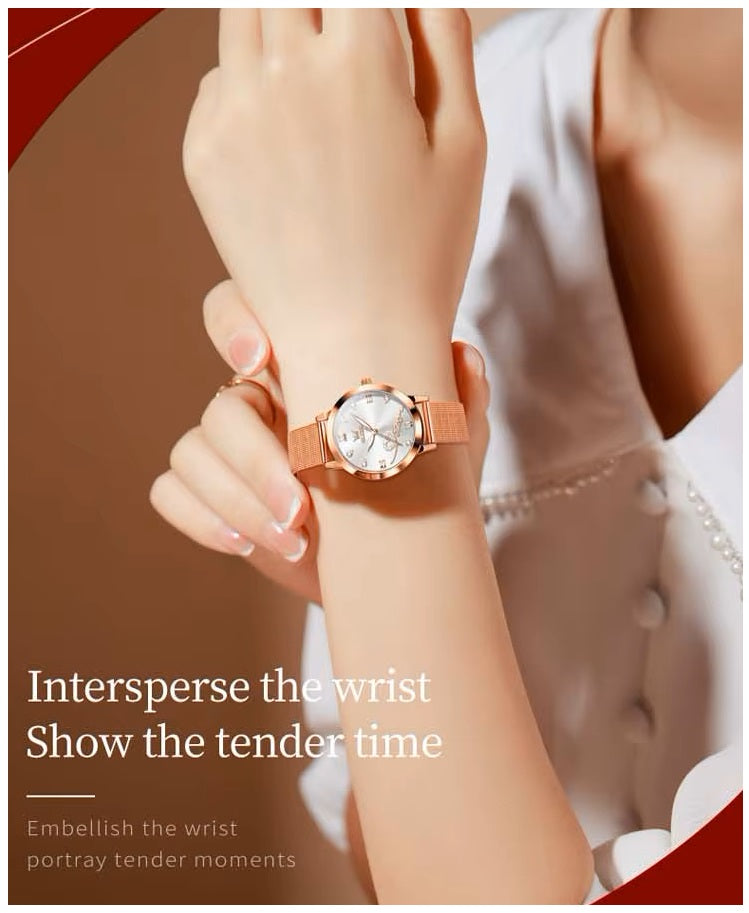Reloj de Mujer Diseño Elegante Pulsera Metálica de Malla Rosa Dorado