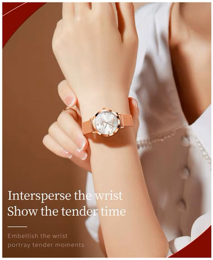 Reloj de Mujer Diseño Elegante Pulsera Metálica de Malla Rosa Dorado