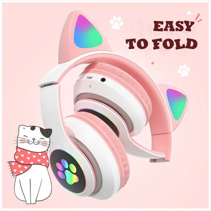Audífonos inalámbricos Bluetooth RGB Orejas gato BT 5.0 Rosado