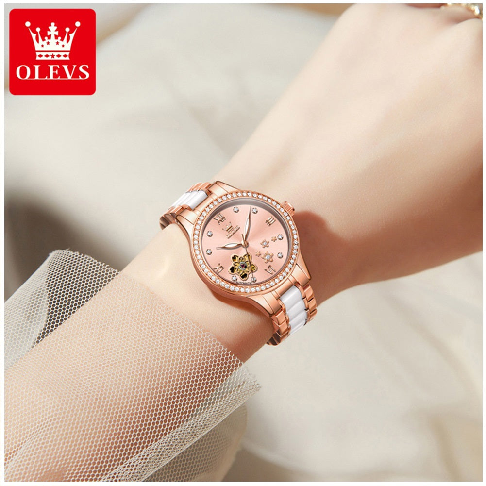 Reloj Automático Mujer Elegante 32mm Acero Inoxidable y Cerámica Diseño Floral Cristales Decorativos