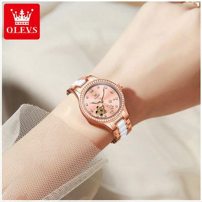 Reloj Automático Mujer Elegante 32mm Acero Inoxidable y Cerámica Diseño Floral Cristales Decorativos