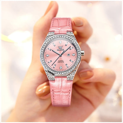 Reloj de Cuarzo para Mujer Correa de Cuero Rosa, Esfera de Cristales