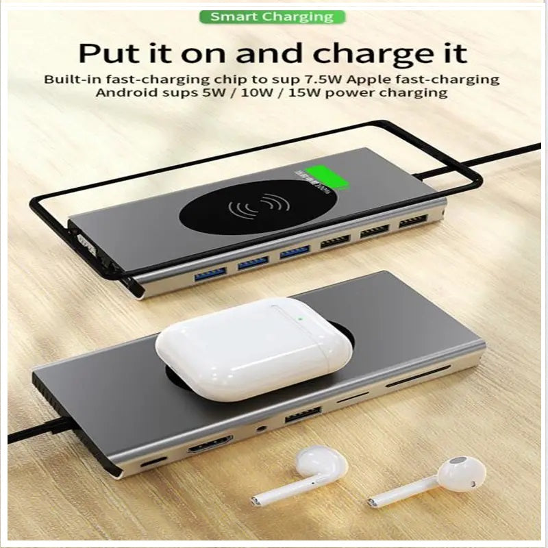 Hub Adaptador USB Tipo-C 15 en 1 con HDMI 4K, Ethernet Gigabit, PD 87W y Carga Magnética para Smartphone – Compatible con MacBook y Windows