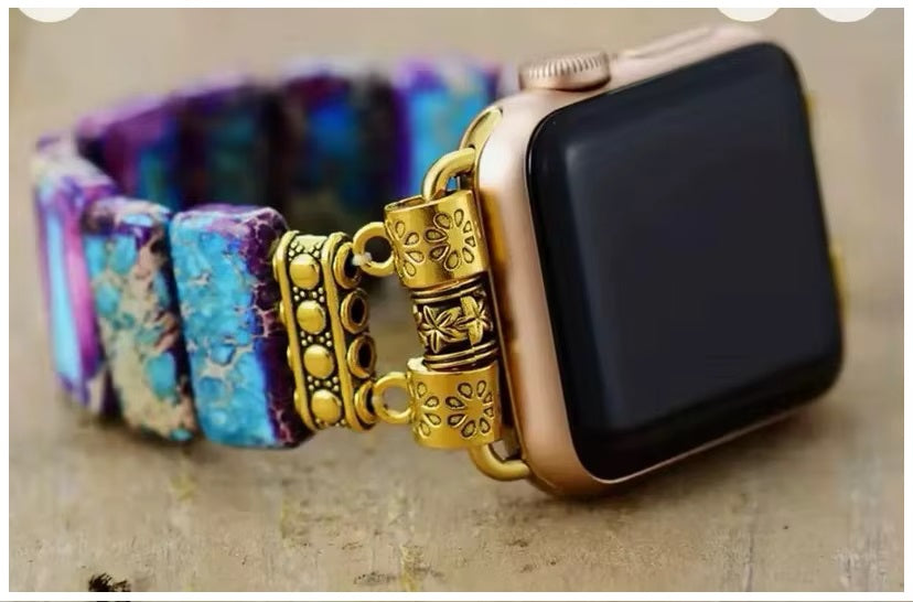 Correa Elástica Piedras Naturales para Apple Watch 42/44mm Diseño Bohemio Gemas Emperador Multicolor