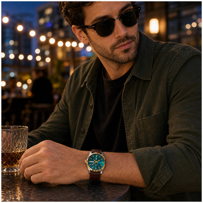 Reloj Analógico de Cuarzo para Hombre con Calendario Completo, Día y Fecha, Correa de Cuero, Cristal Mineral Reforzado