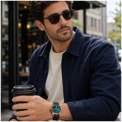 Reloj Analógico de Cuarzo para Hombre con Calendario Completo, Día y Fecha, Correa de Cuero, Cristal Mineral Reforzado