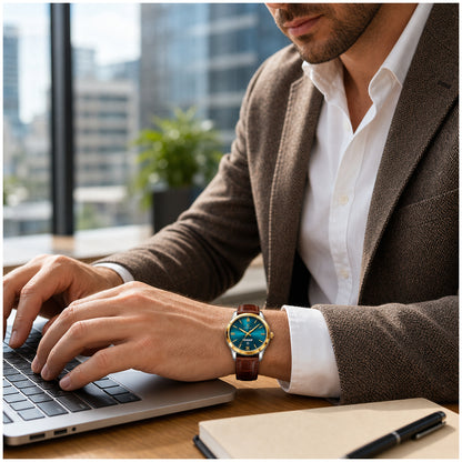 Reloj Analógico de Cuarzo para Hombre con Calendario Completo, Día y Fecha, Correa de Cuero, Cristal Mineral Reforzado